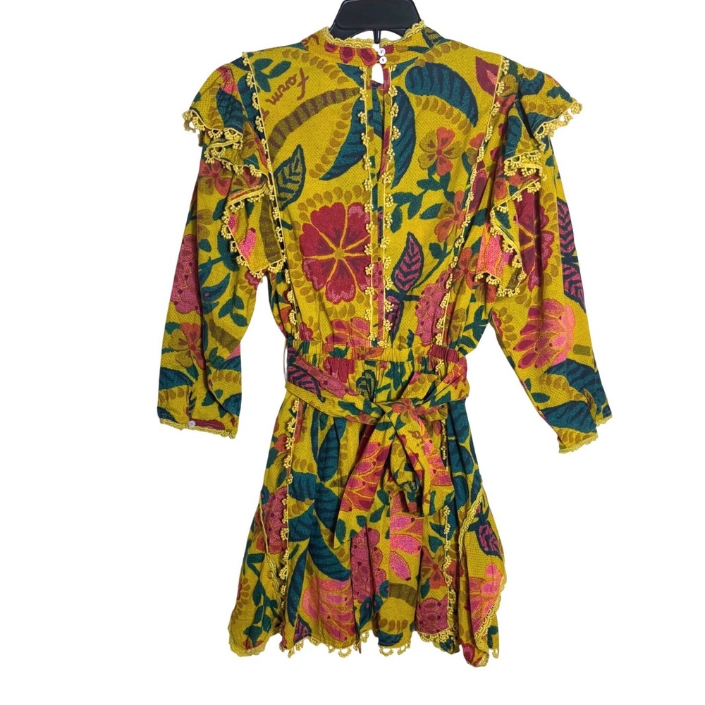 FARM Rio Yellow Tropical Tapestry Ruffled Mini Dress - Floral Long Sleeve Large - Picture 2 of 13